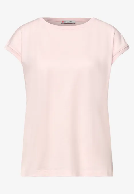 Ein schlichtes, hellrosa Damen-T-Shirt mit kurzen Ärmeln und rundem Ausschnitt.